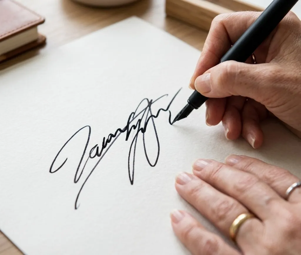 Close-up of a hand signing a document with a fountain pen